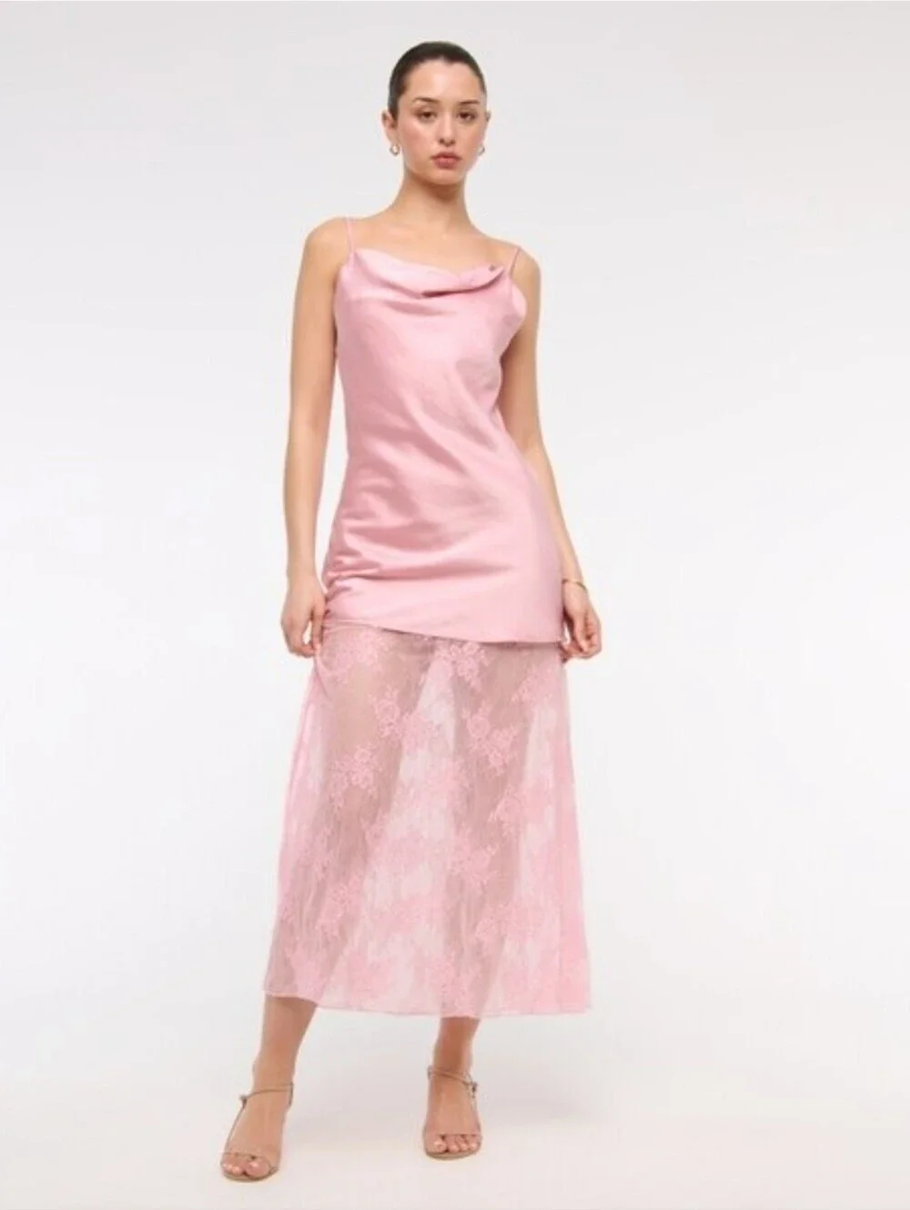 Abercrombie & Fitch Pink Cowl Neck Satin Strappy Lace Mini Maxi Dress Size XS